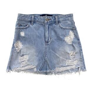 Hollister Denim Mini Skirt Women 0 Blue Light Wash High Rise Distressed Jean 25"